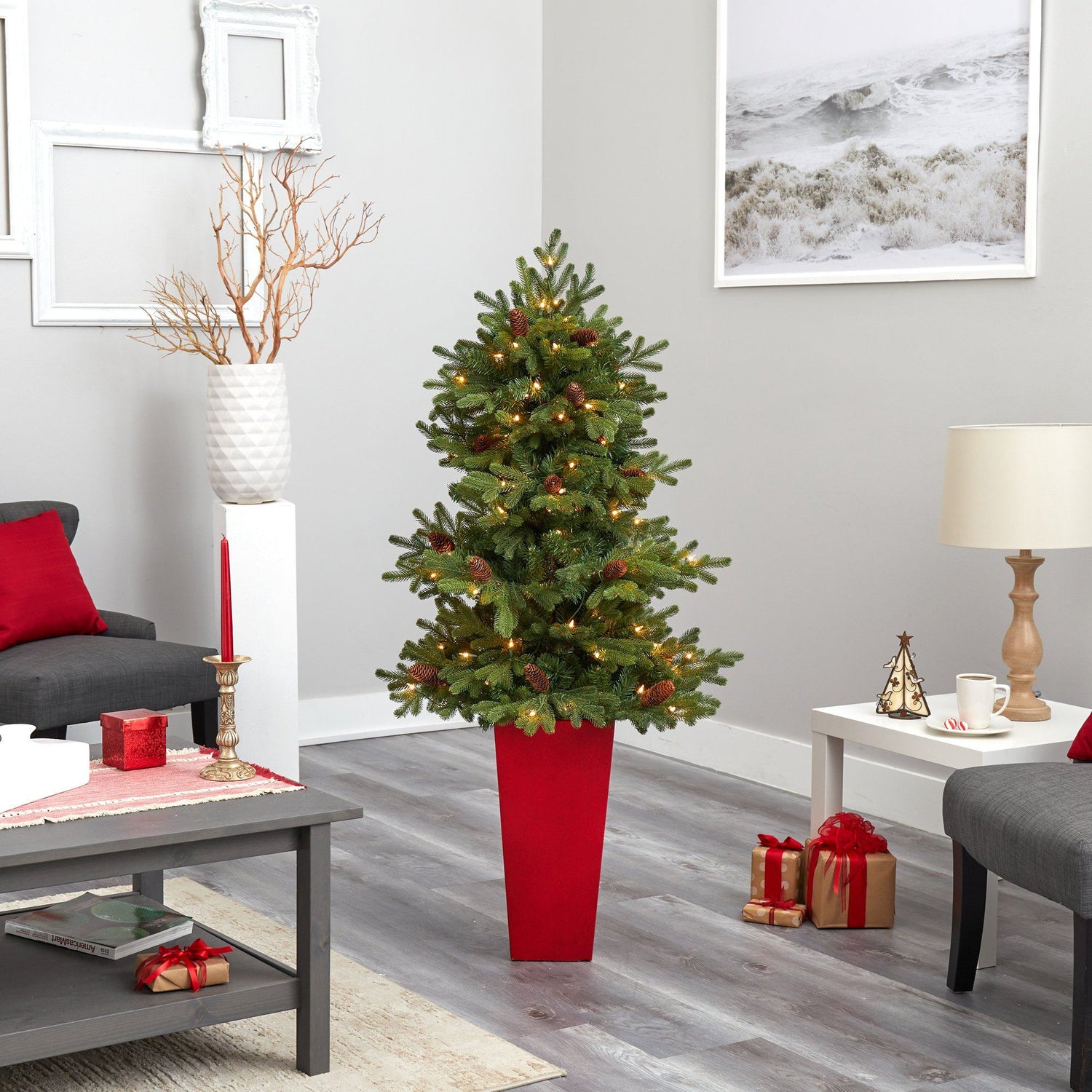 56” Yukon Mountain Fir Artificial Christmas Tree with 100 Clear Lights, Pine Cones and 386 Bendable Branches in Red Tower Planter