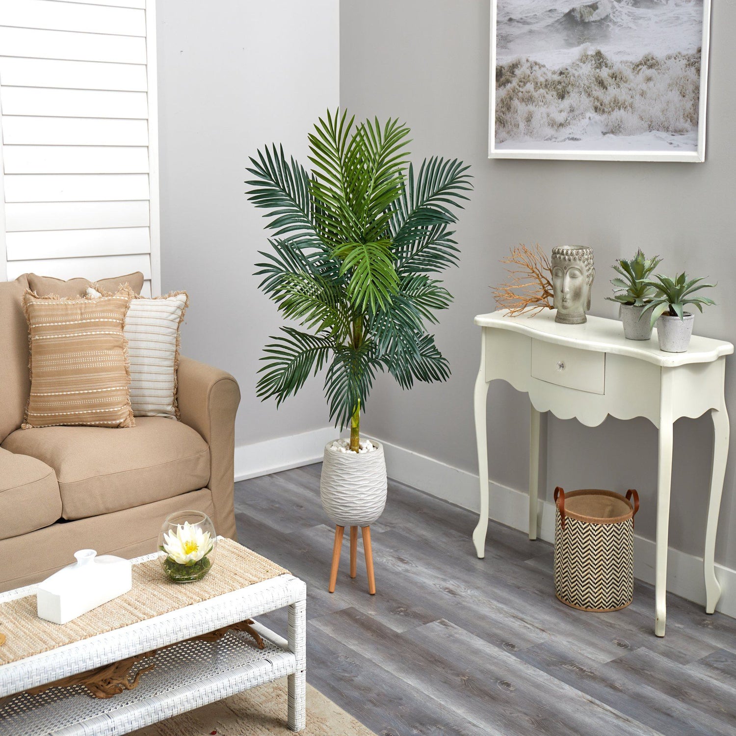 58” Golden Cane Artificial Palm Tree in White Planter with Stand