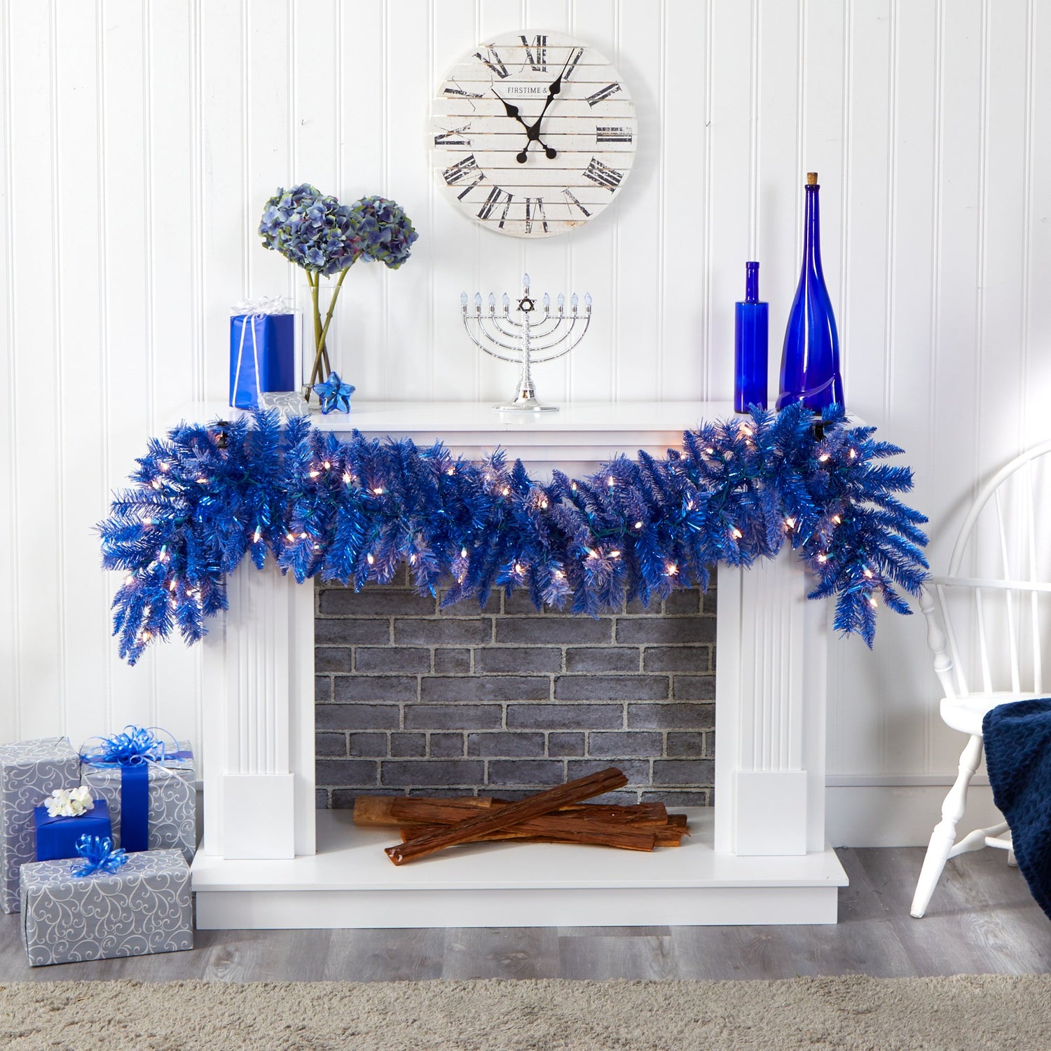 6' Blue Artificial Christmas Garland with 50 Warm White Lights