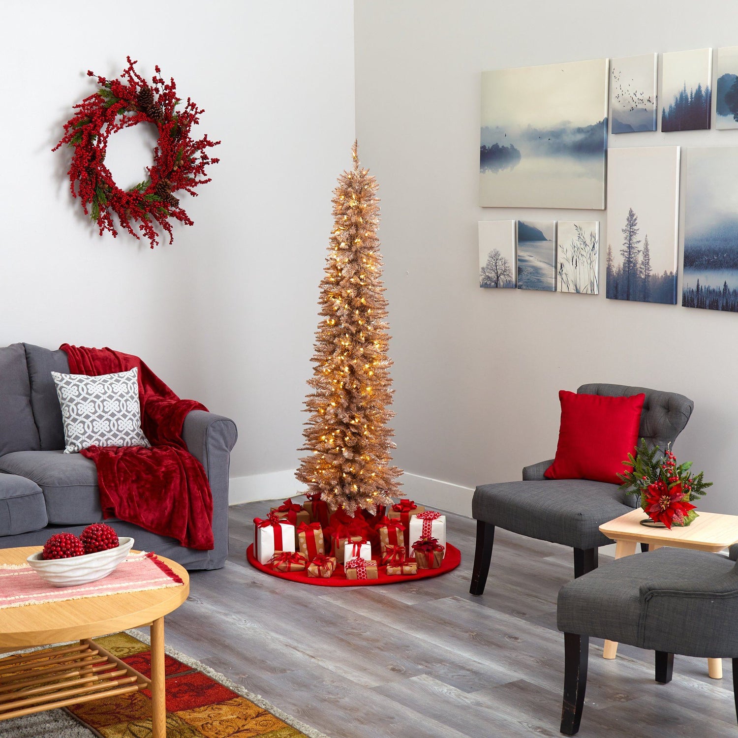 6’ Champagne Pencil Artificial Christmas Tree with 300 (multifunction) Clear LED Lights and 518 Bendable Branches