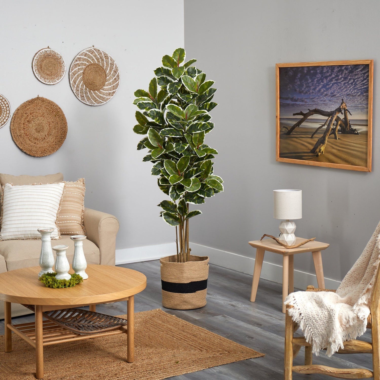 6’ Oak Artificial Tree in Handmade Natural Cotton Planter UV Resistant (Indoor/Outdoor)