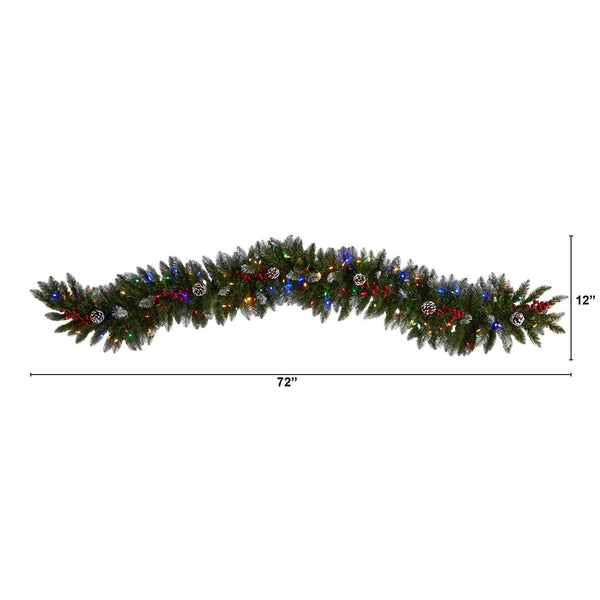 6' Snow Tipped Extra Wide Christmas Garland with Pinecones, Berries and 100 Multicolor LED Lights