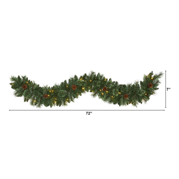 6’ White Mountain Pine Artificial Garland with 35 White Warm LED Lights and  Pinecones