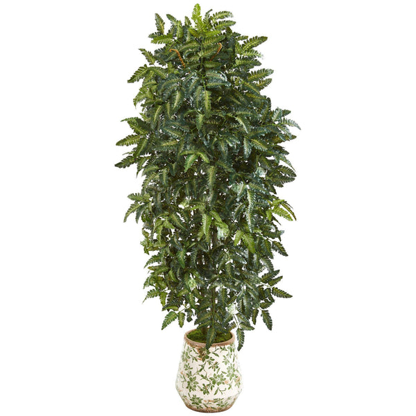 61” Bracken Fern Artificial Plant in Vintage Floral Planter