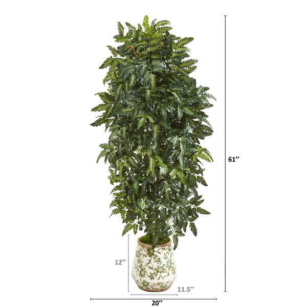 61” Bracken Fern Artificial Plant in Vintage Floral Planter