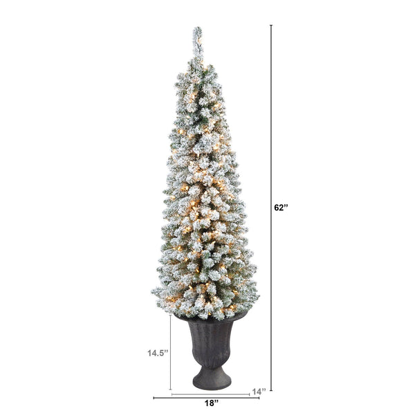 62” Flocked Pencil Artificial Christmas Tree with 200 Clear Lights and 318 Bendable Branches in Charcoal Urn
