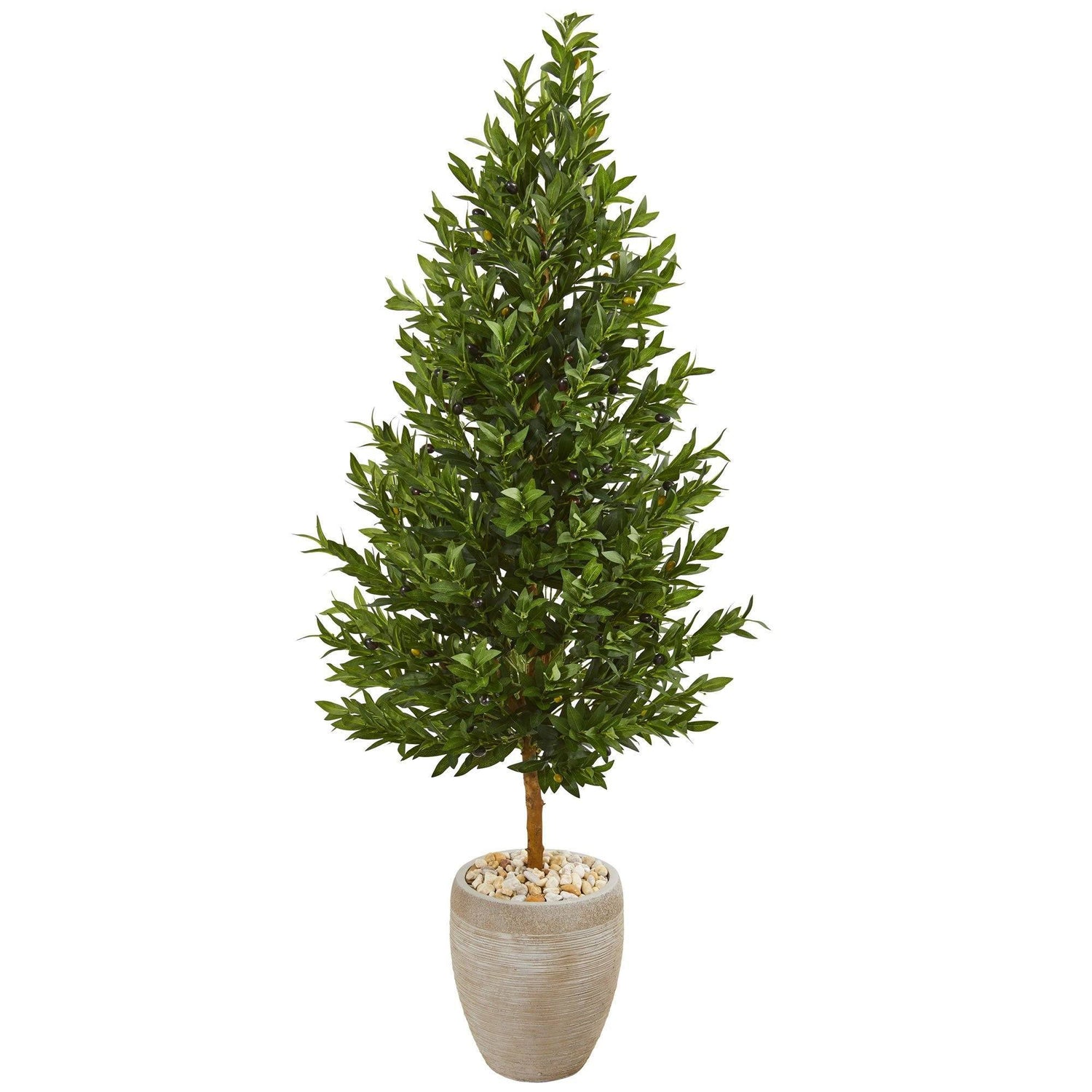 62” Olive Cone Topiary Artificial Tree in Sand Colored Planter (Indoor/Outdoor)