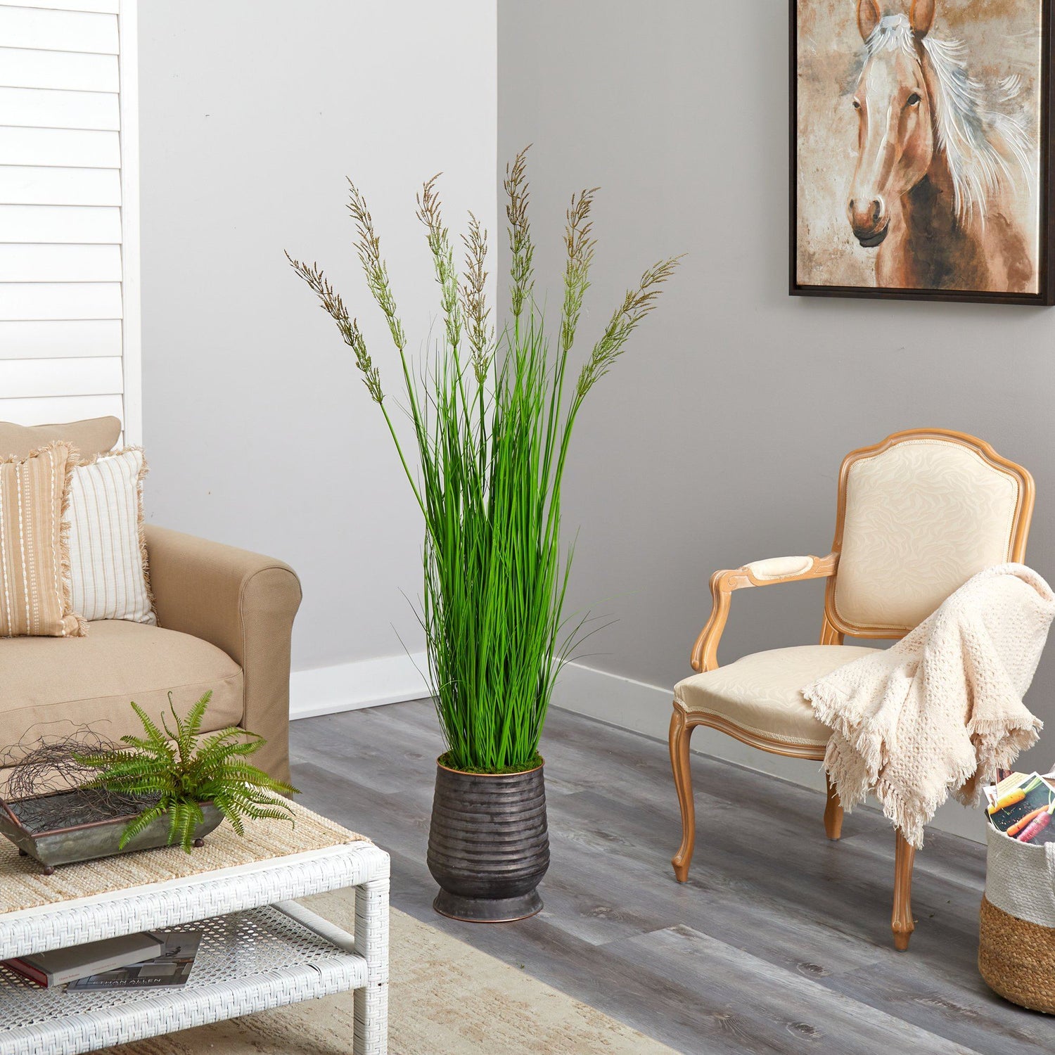 62” Wheat Grass Artificial Plant in Ribbed Metal Planter