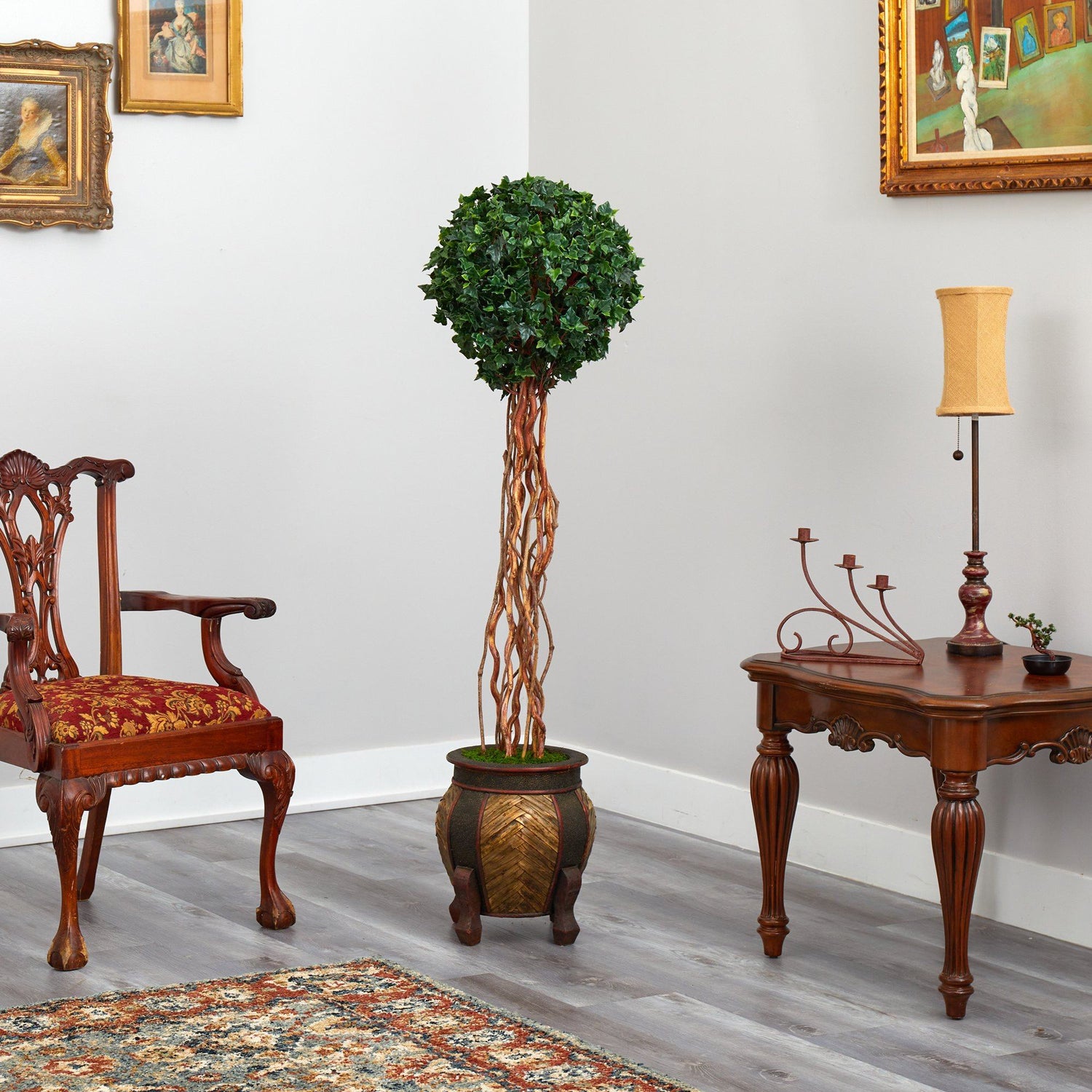 63” English Ivy Single Ball Artificial Topiary Tree in Decorative Planter (Indoor/Outdoor)