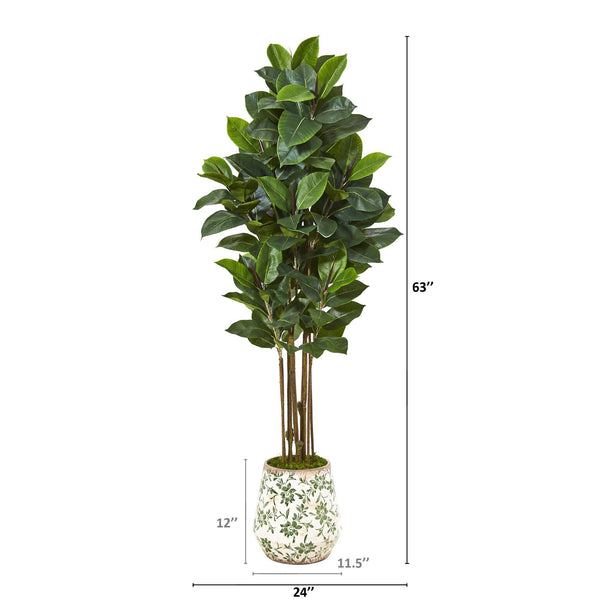 63” Rubber Leaf Artificial Tree in Floral Print Planter
