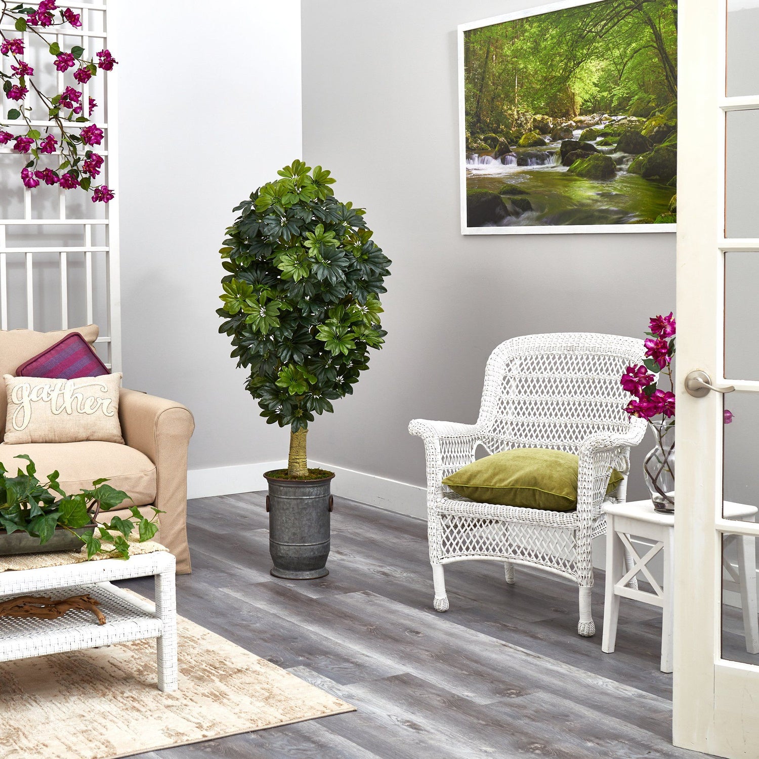 63” Schefflera Artificial Tree in Vintage Metal Planter (Real Touch)