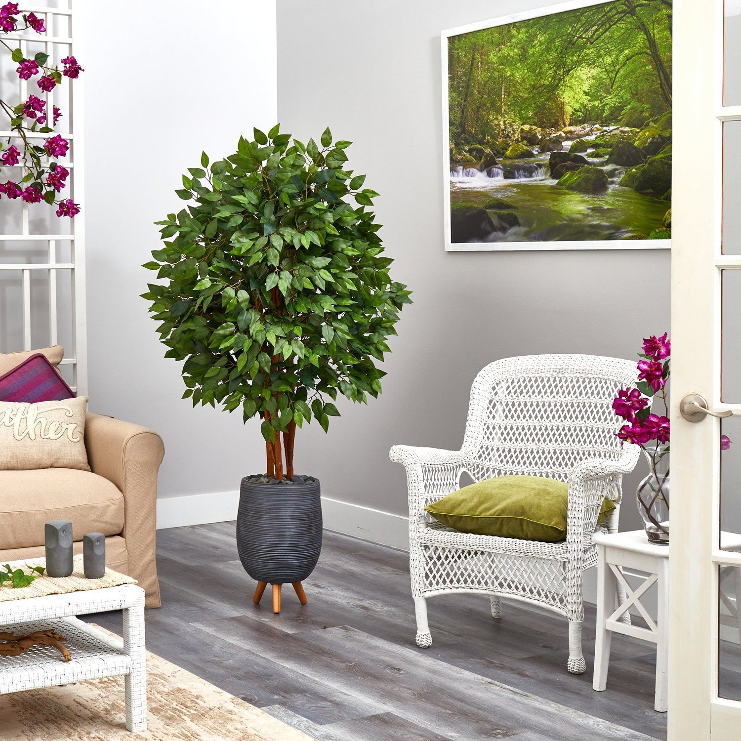 63” Super Deluxe Artificial Ficus Tree in Gray Planter with Stand