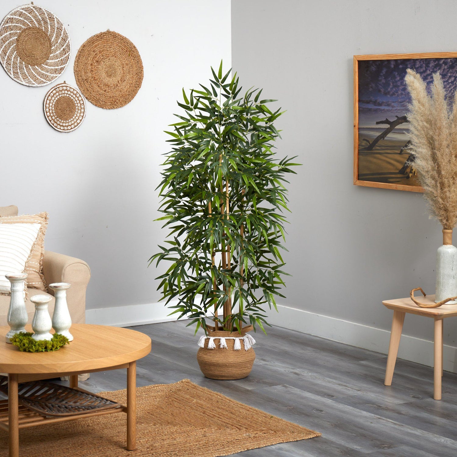 64” Bamboo Tree with Natural Bamboo Trunks in Boho Chic Handmade Natural Planter with Tassels