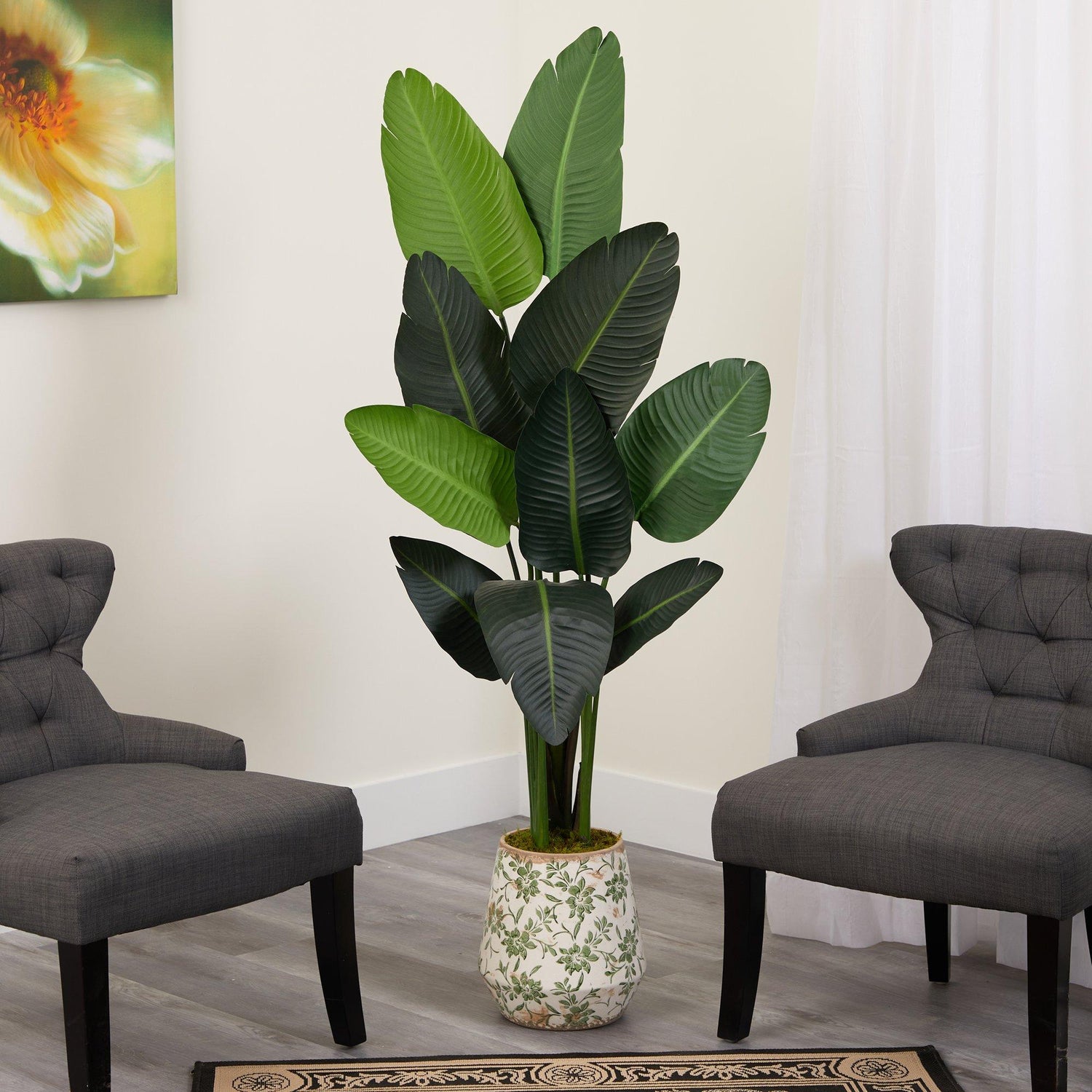 64” Traveler's Palm Artificial tree in Floral Print Planter