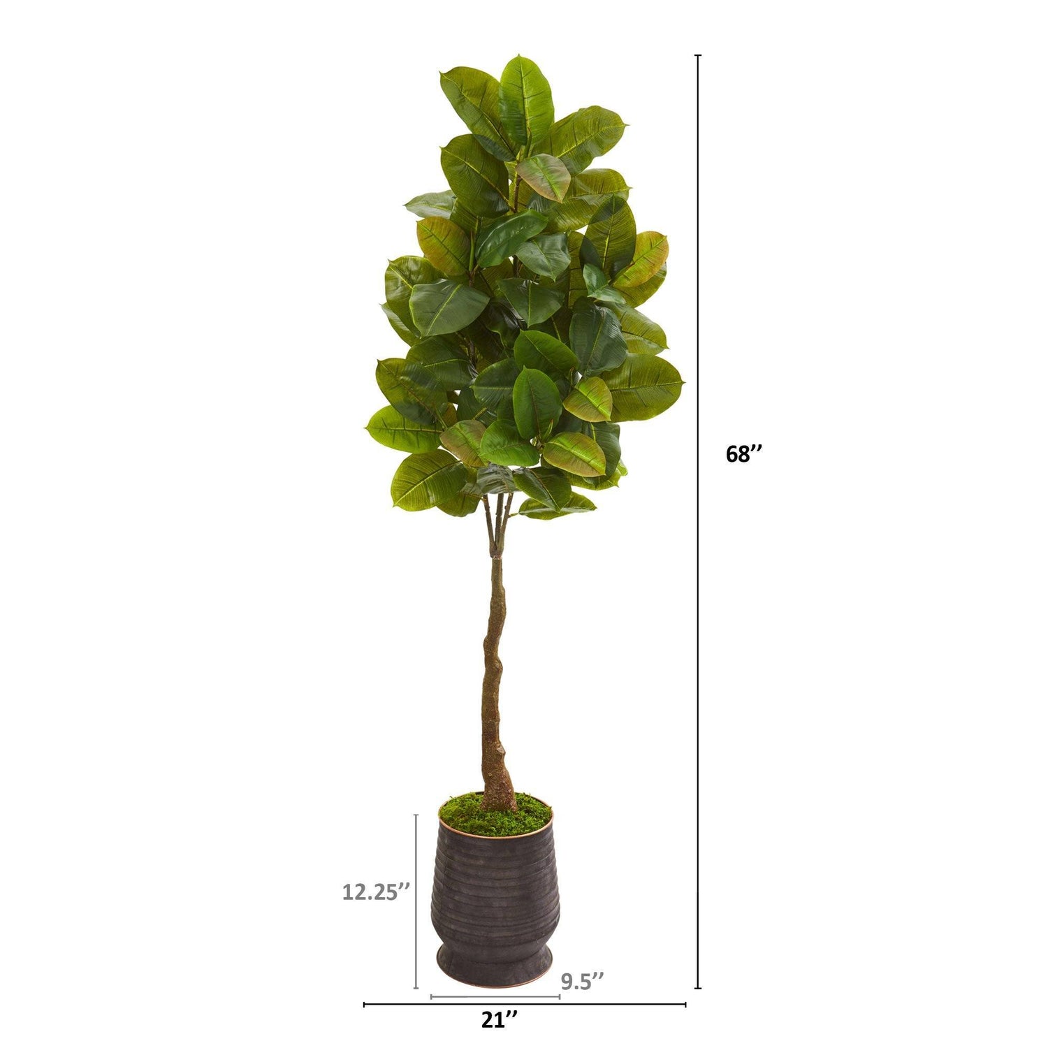 68” Rubber Leaf Artificial Tree in Ribbed Metal Planter (Real Touch)