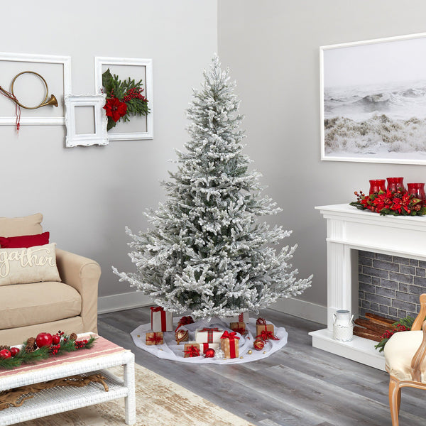 7’ Flocked Fraser Fir Artificial Christmas Tree with 600 Warm White Lights and 3852 Bendable Branches