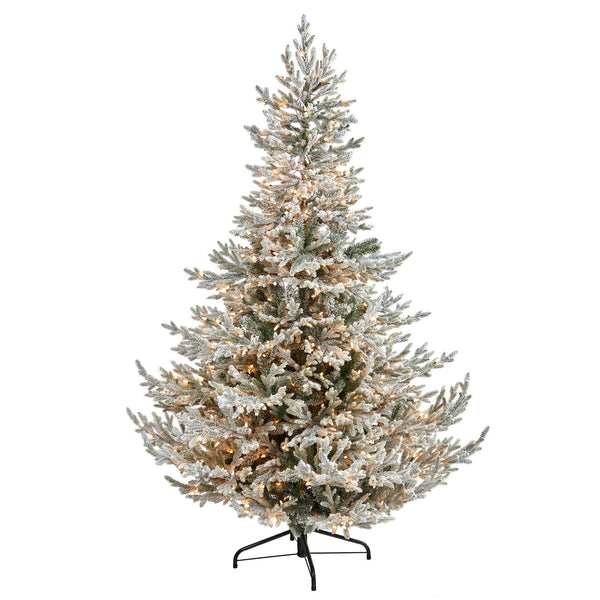 7’ Flocked Fraser Fir Artificial Christmas Tree with 600 Warm White Lights and 3852 Bendable Branches