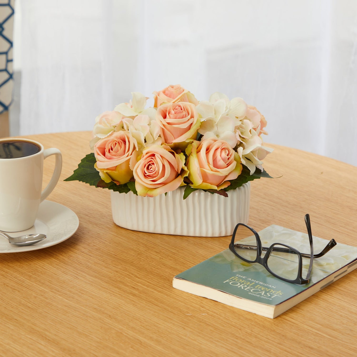 7” Rose and Hydrangea Artificial Arrangement in White Vase