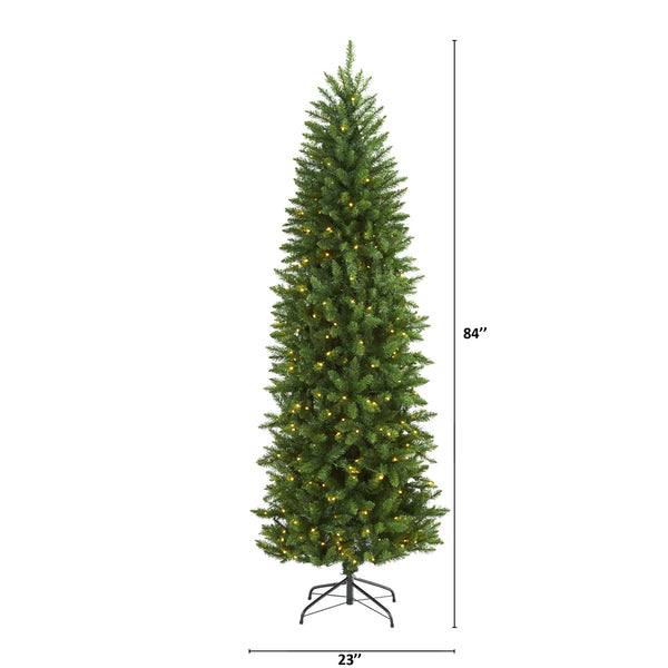 7’ Slim Green Mountain Pine Artificial Christmas Tree with 300 Clear LED Lights