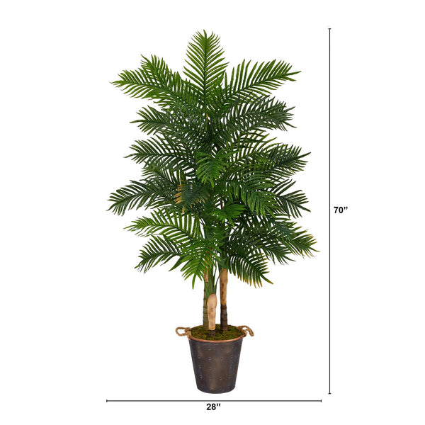 70” Areca Palm Artificial Tree in Decorative Metal Pail with Rope (Real Touch)