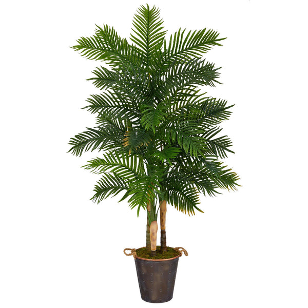 70” Areca Palm Artificial Tree in Decorative Metal Pail with Rope (Real Touch)