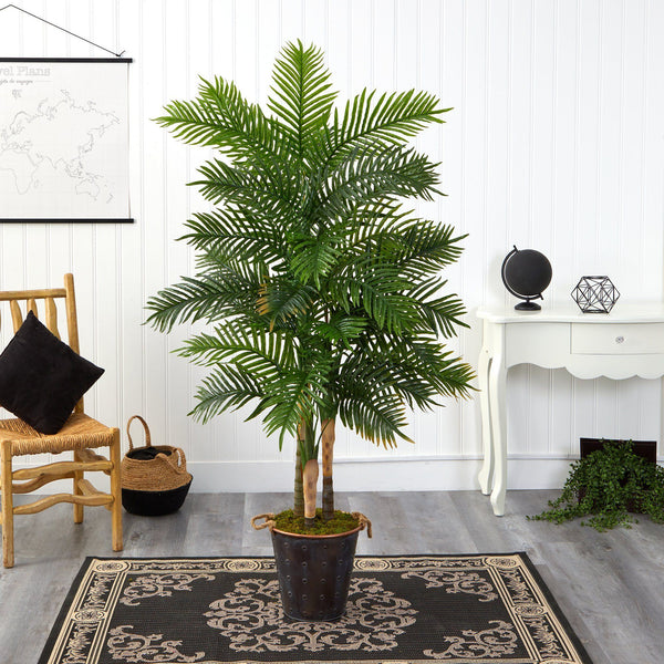 70” Areca Palm Artificial Tree in Decorative Metal Pail with Rope (Real Touch)