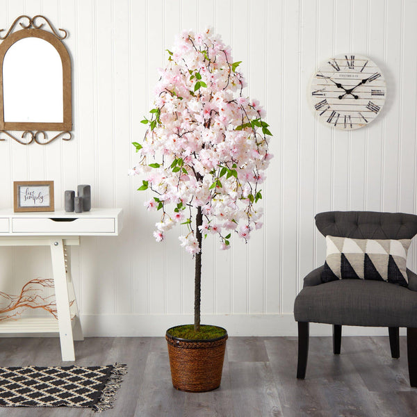 70” Cherry Blossom Artificial Tree in Wicker Planter
