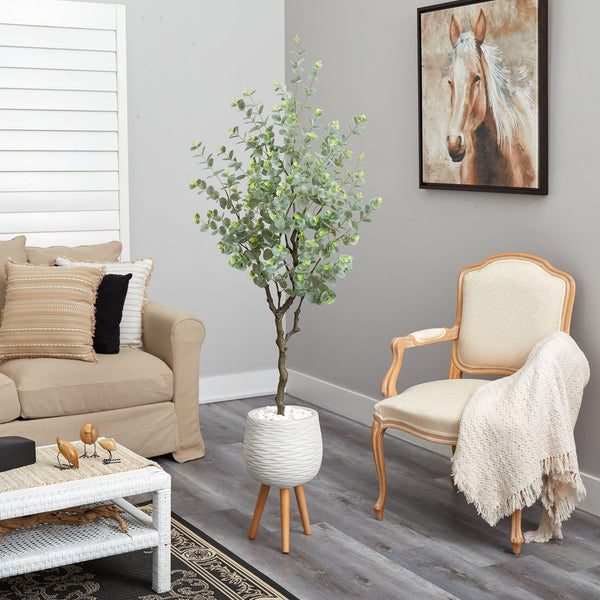 70” Eucalyptus Artificial Tree in White Planter with Stand