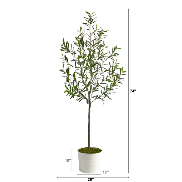 70” Olive Artificial Tree in White Tin Planter