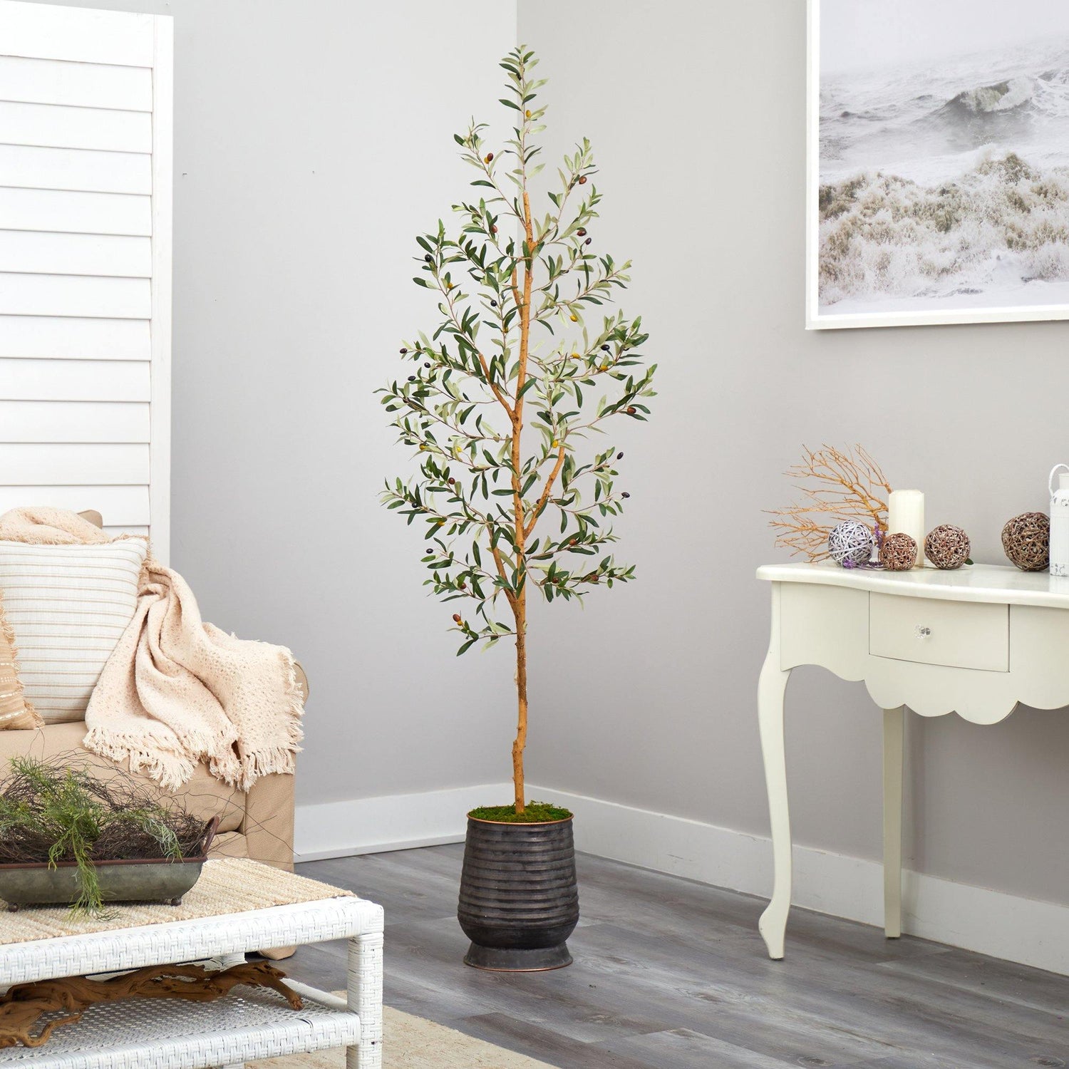 74” Olive Artificial Tree in Ribbed Metal Planter