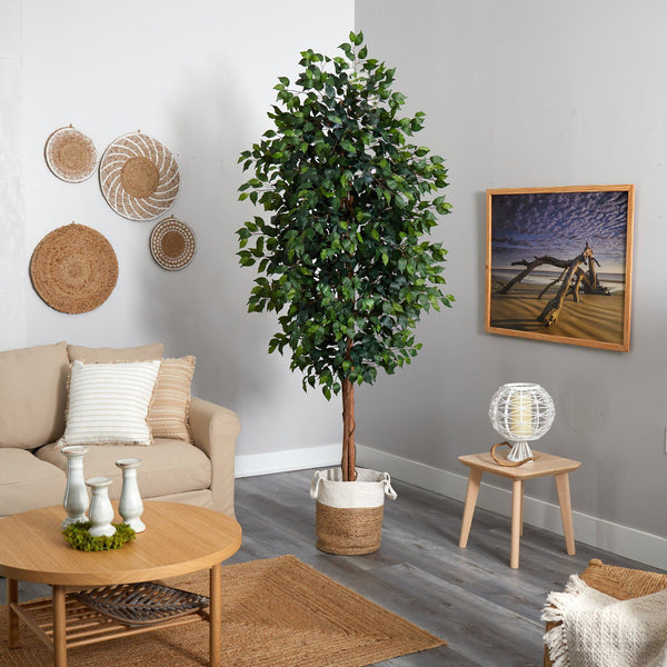 8’ Ficus Artificial Tree with Handmade Natural Jute and Cotton Planter