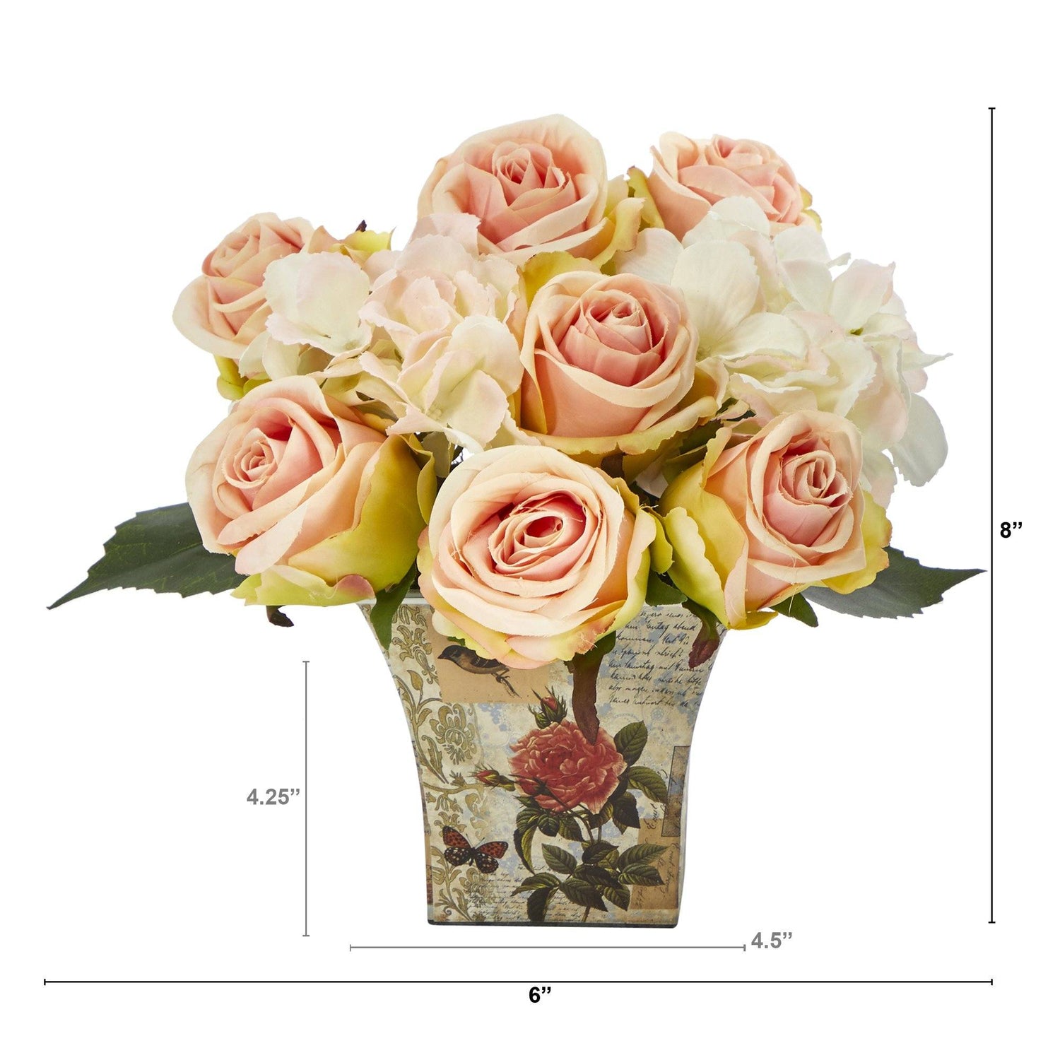 8” Rose and Hydrangea Bouquet Artificial Arrangement in Floral Vase