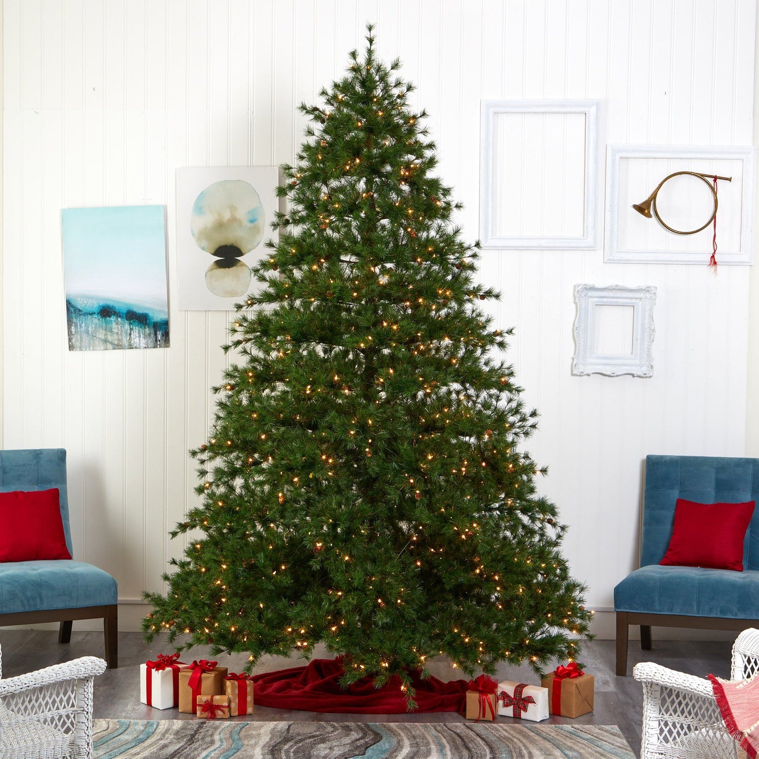 9’ Colorado Mountain Pine Artificial Christmas Tree with 650 Clear Lights, 3197 Bendable Branches and Pine Cones