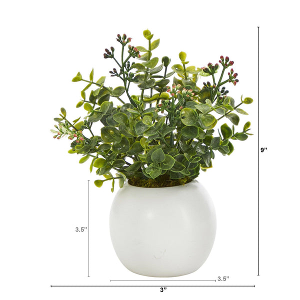 9” Eucalyptus and Sedum Succulent Artificial Plant in White Planter