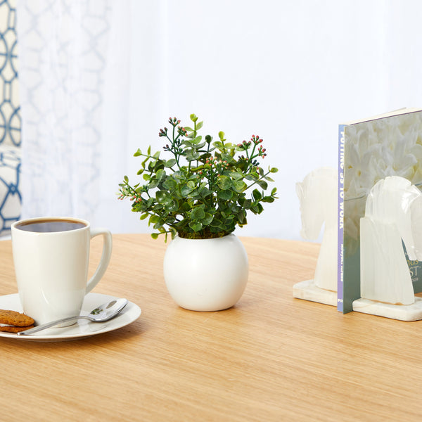 9” Eucalyptus and Sedum Succulent Artificial Plant in White Planter