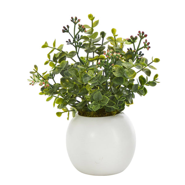 9” Eucalyptus and Sedum Succulent Artificial Plant in White Planter