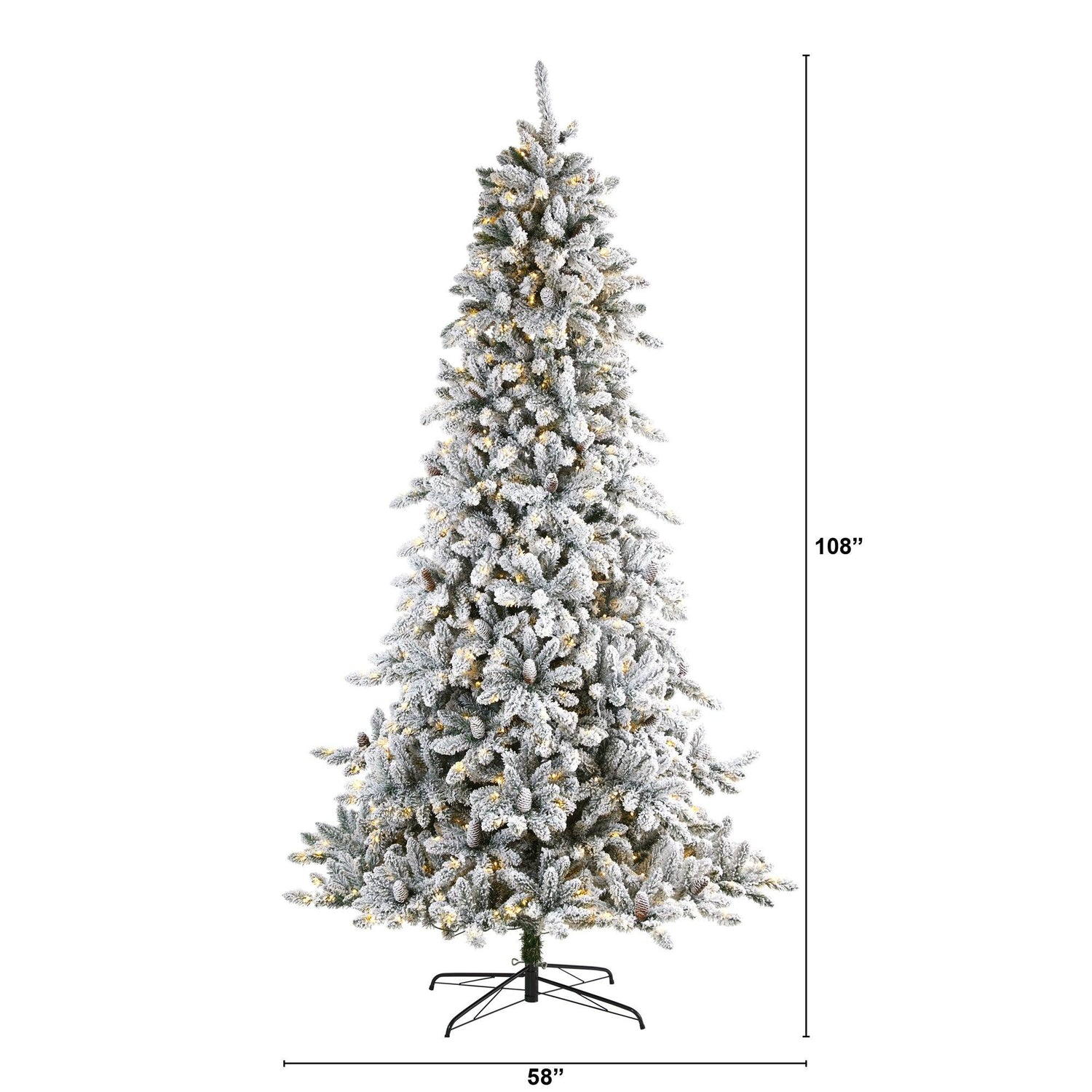 9’ Flocked Livingston Fir Artificial Christmas Tree with Pine Cones and 650 Clear Warm LED Lights