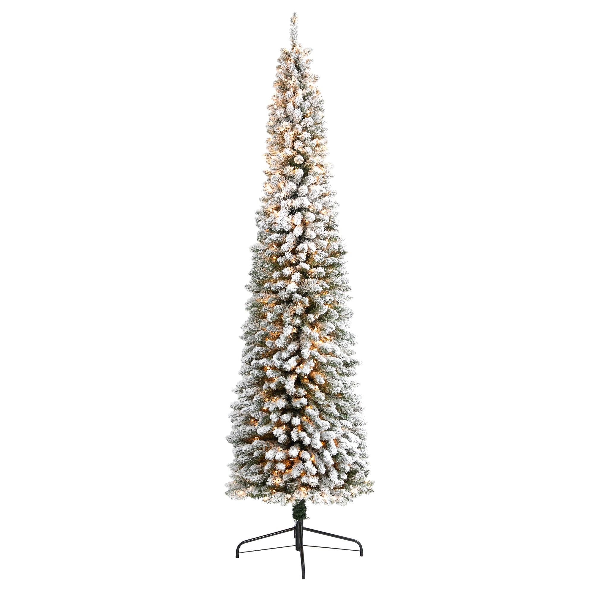 9' Flocked Pencil Artificial Christmas Tree with 600 Clear Lights