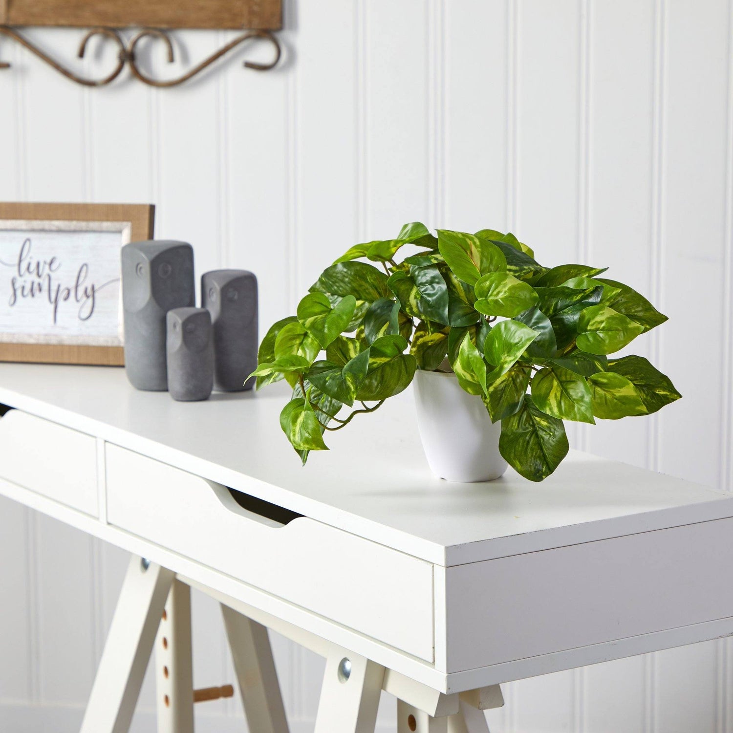 9” Pothos Artificial Plant in White Planter (Real Touch)