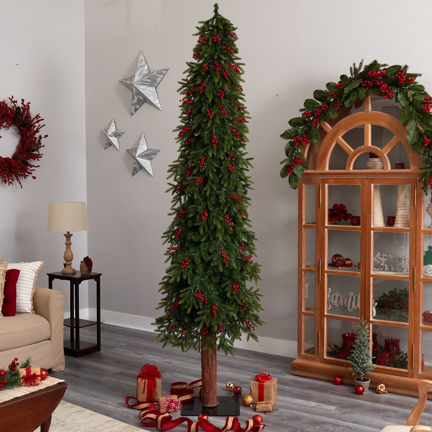 9' Victoria Fir Artificial Christmas Tree with 400 Multi-Color (Multifunction) LED Lights, Berries and 781 Branches