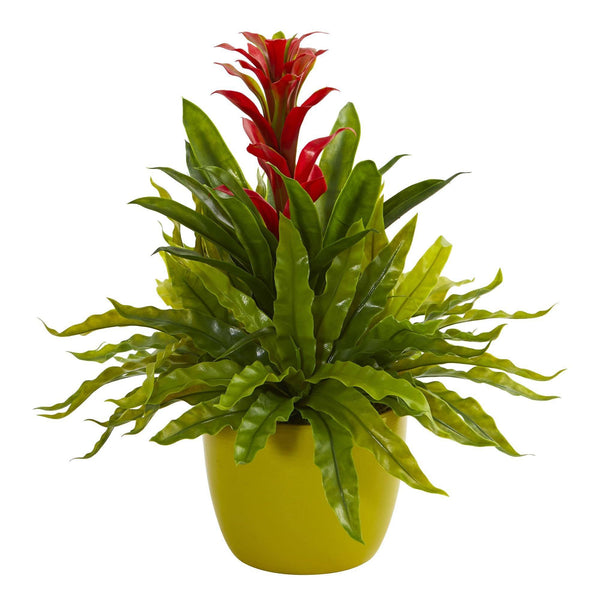 Bromeliad and Fern Artificial Plant in Green Vase