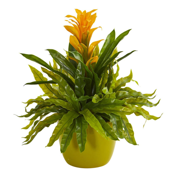 Bromeliad and Fern Artificial Plant in Green Vase