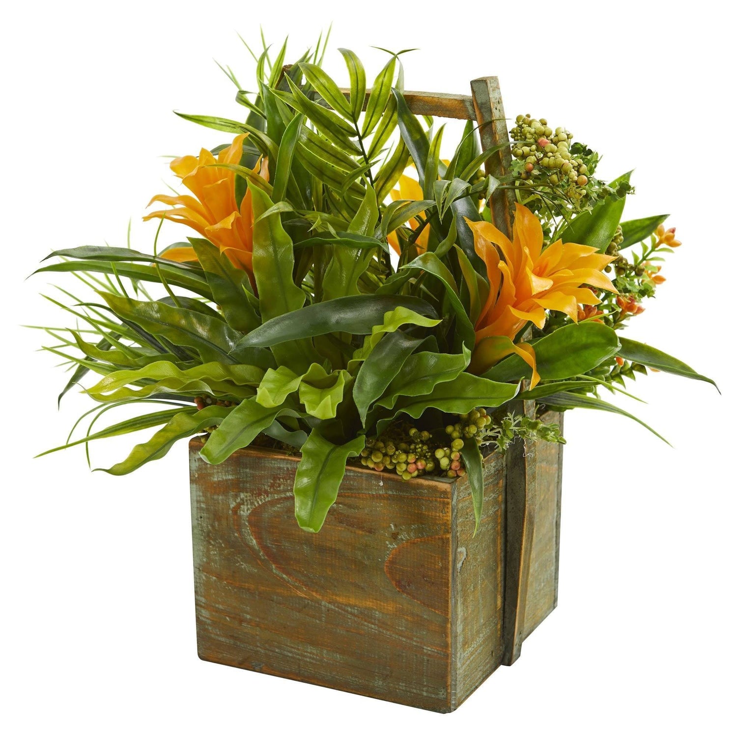 Bromeliad & Mixed Greens Artificial Arrangement in Planter