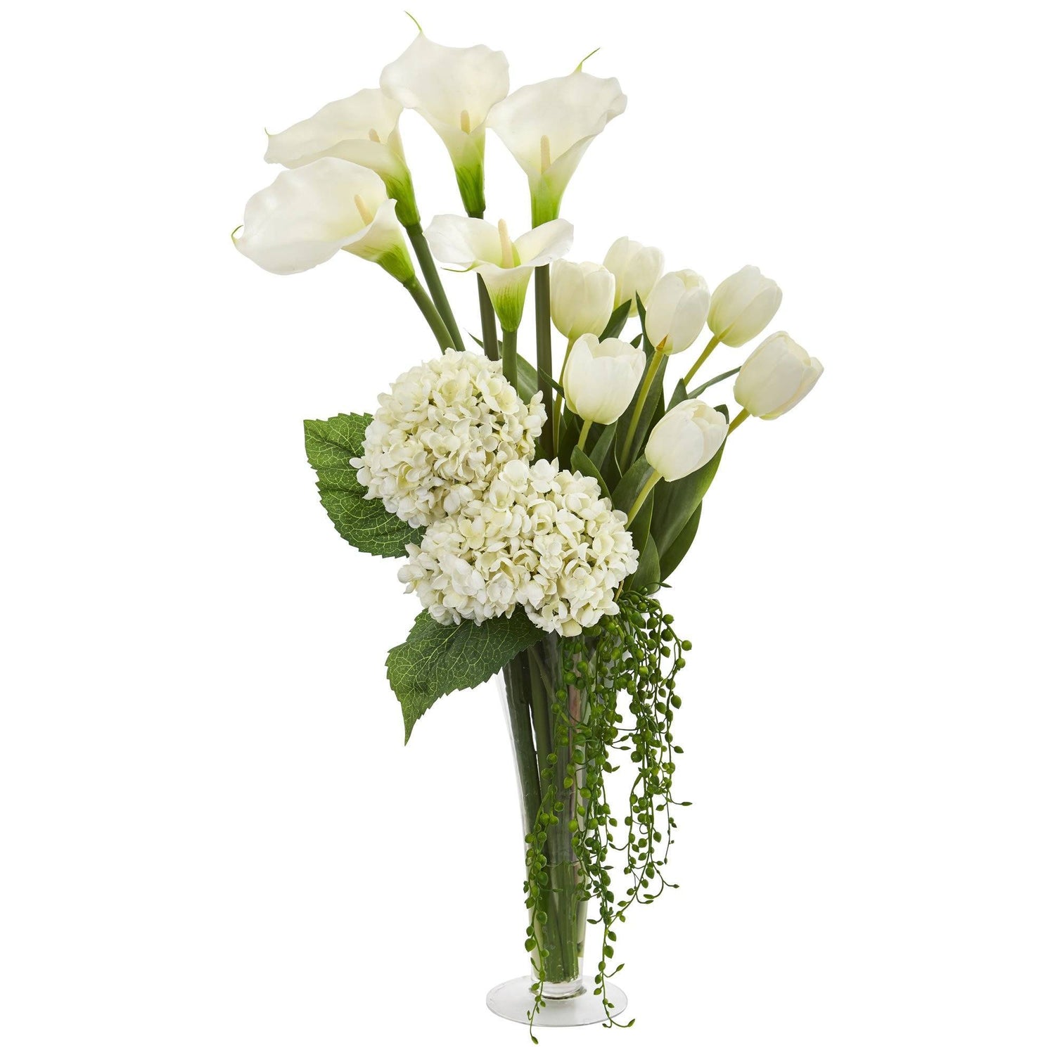 Calla, Hydrangea & Tulips Artificial Arrangement in Flared Vase