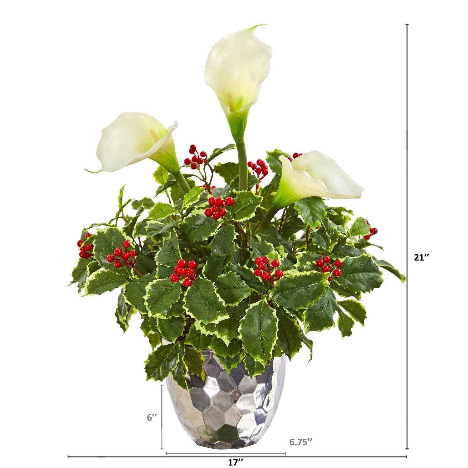 Calla Lilly and Holly Leaf Artificial Arrangement in Silver Vase