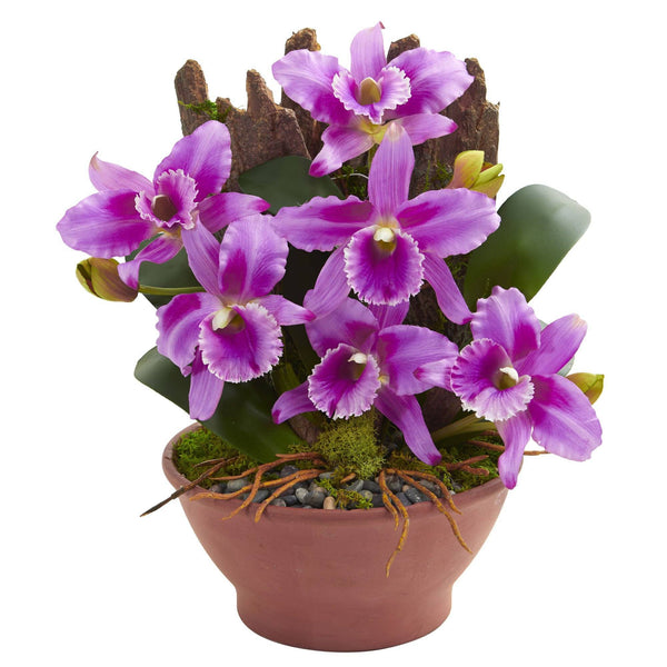 Cattleya Orchid Artificial Arrangement in Clay Vase