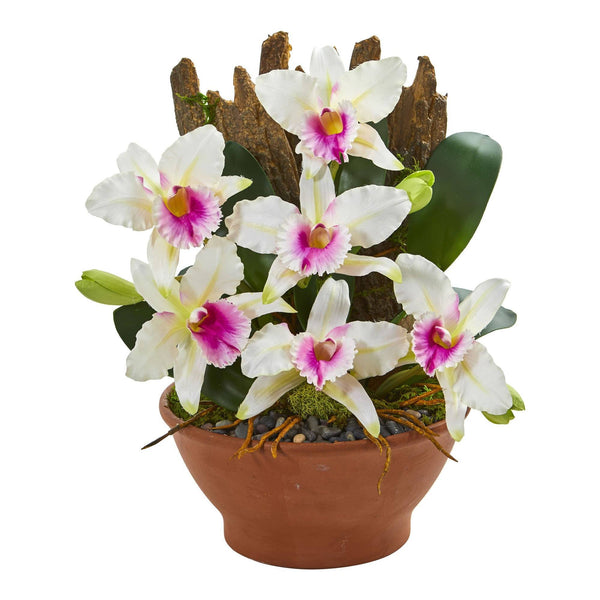 Cattleya Orchid Artificial Arrangement in Clay Vase