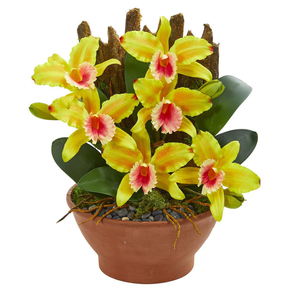 Cattleya Orchid Artificial Arrangement in Clay Vase