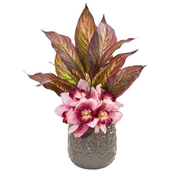 Cymbidium Orchid and Musa Leaf Artificial Arrangement