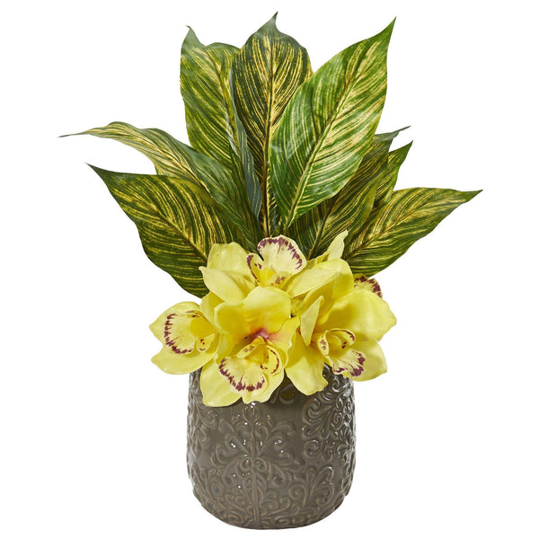 Cymbidium Orchid and Musa Leaf Artificial Arrangement